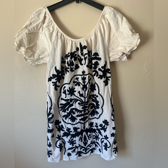 Free People Floral Embroidered Cotton Tie Back Puffy Sleeve Boho Mini Dress - Picture 3 of 4